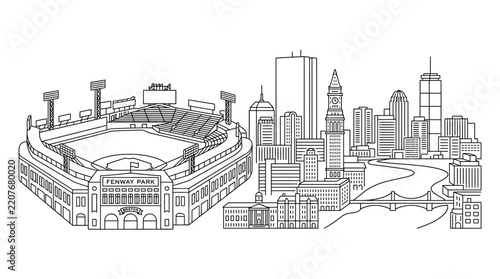 Detailed line art of baseball stadium and city skyline.