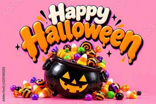 Black plastic cauldron filled with various halloween candies on a pink background trick or treat halloween cauldron