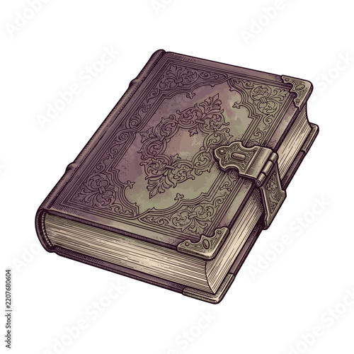 Vintage gothic engraving illustration of an antique leather grimoire