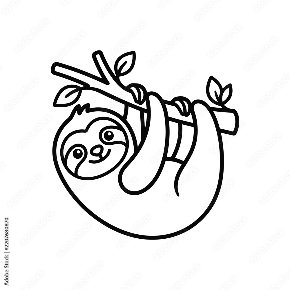 Obraz premium Cute Sloth Hanging on Tree Branch, Outline Vector Art for Coloring Page