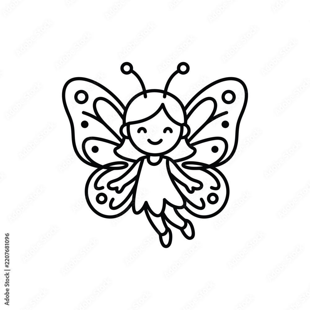 Obraz premium Cute Butterfly Fairy Girl Cartoon Character - Coloring Page Vector