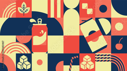 Abstract soda drink and sweet treats flat vector pattern illustration with cans and cherries