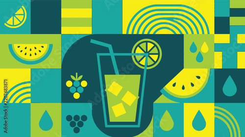 Abstract summer drink and citrus flat vector pattern illustration with ice cups and fruit