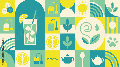 Iced tea and herbal drink abstract flat vector pattern illustration with lemon and teapots