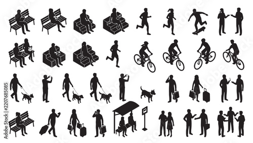 Isometric City Leisure Silhouette Set with Park Benches, Cyclists, Joggers and Bus Stop Travelers for Urban Lifestyle Infographics, Travel Websites and Public Space Design