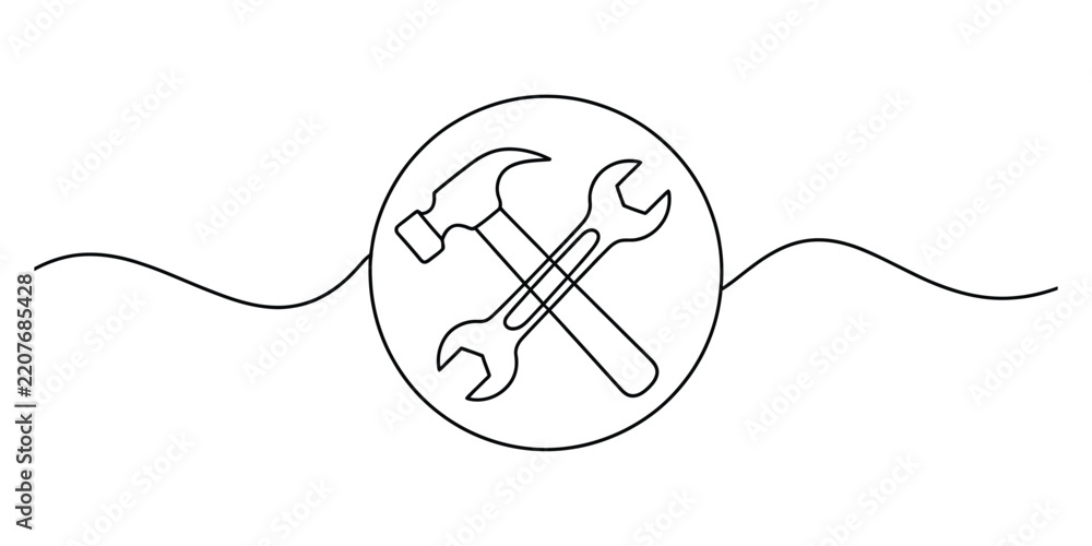 Obraz premium Continuous line drawing of a hammer and wrench icon
