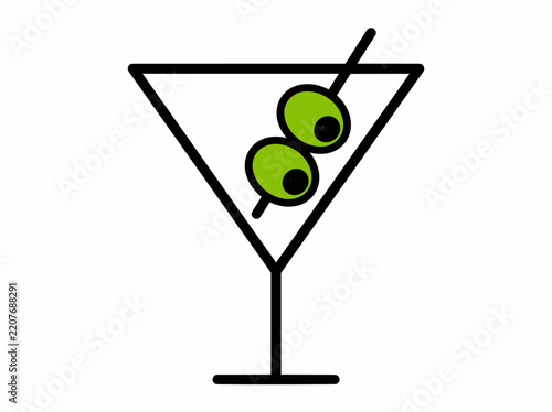 Martini glass with green olives vector illustration outline style