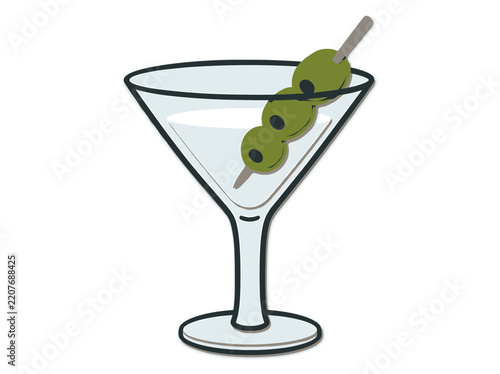 Martini cocktail glass with clear drink and pick holding green olives