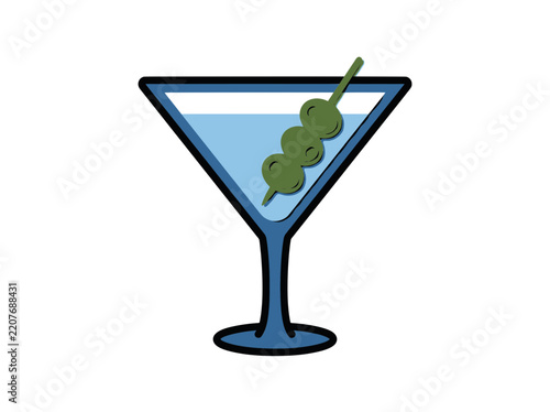 Blue martini glass vector illustration with green olives on a pick