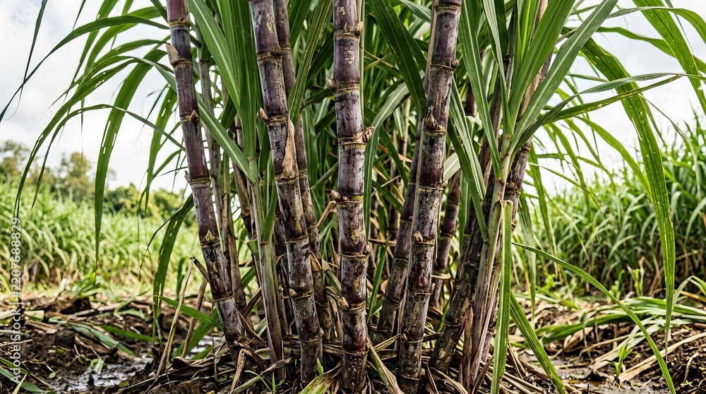 Fototapeta premium Close-up of fresh sugarcane stalks growing in a lush green field.