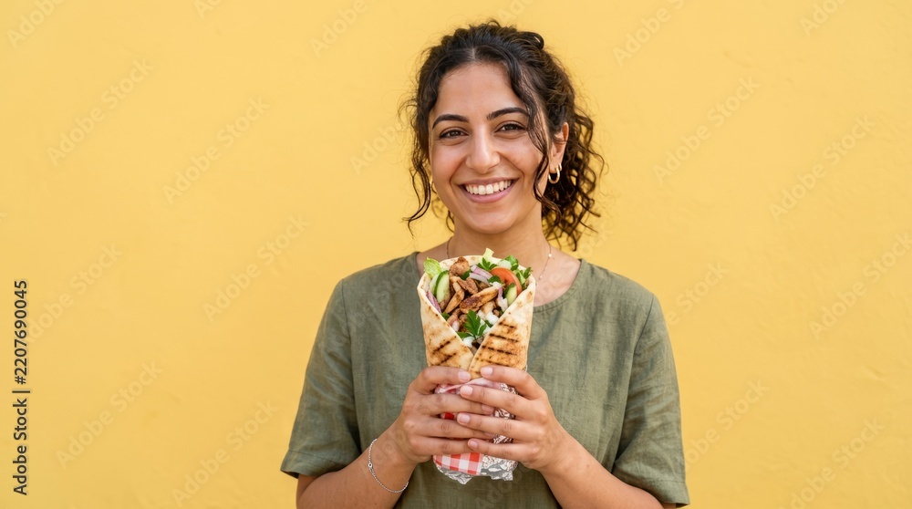 Obraz premium Happy woman holding and enjoying a colorful smoothie bowl.