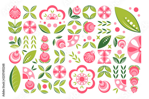 Collection of stylized pink flowers and green leaves. A Slavic composition made of tiles in the Bauhaus style. A mosaic ornament featuring flowers and leaves.