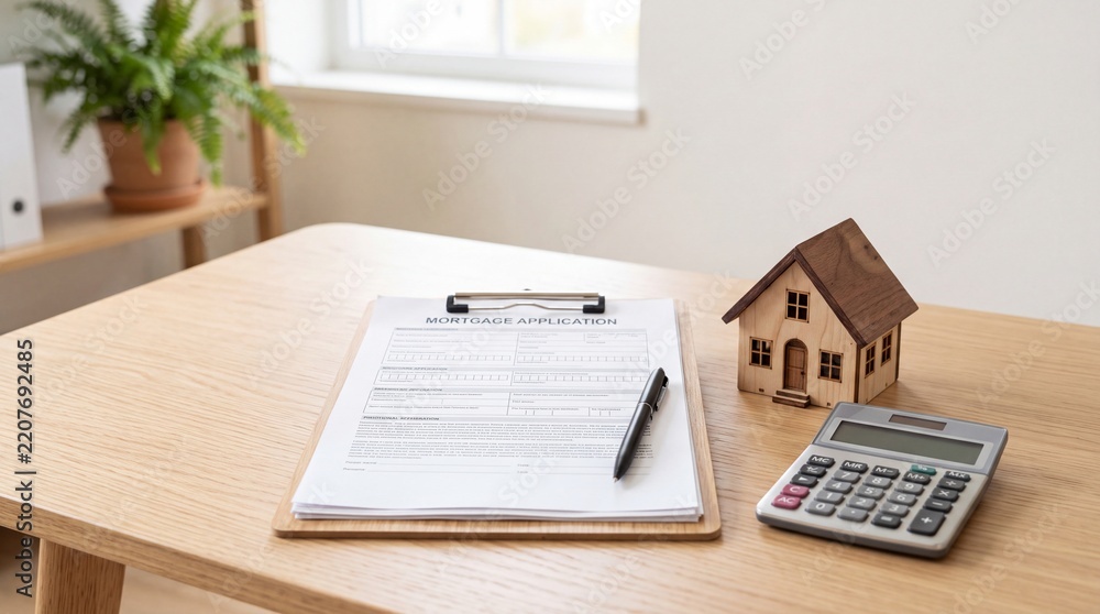 Obraz premium Mortgage application on a clipboard with model house and calculator