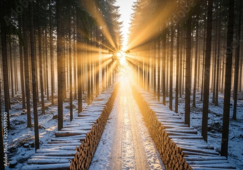 Sunbeams Pierce Through Snowy Forest Path Lined With Logs.