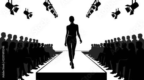 Silhouette of female model walking down fashion runway with audience and overhead lights