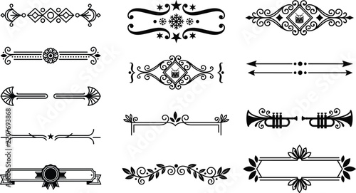 Black vintage ornamental dividers set with snowflakes and musical drum elements.