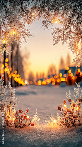 A snowy winter landscape framed by frosty branches and glowing lights at dusk.   
