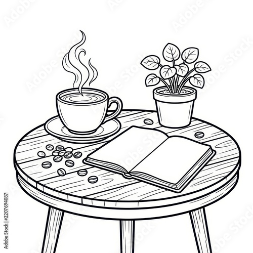 Cozy coffee table with book and plant line art