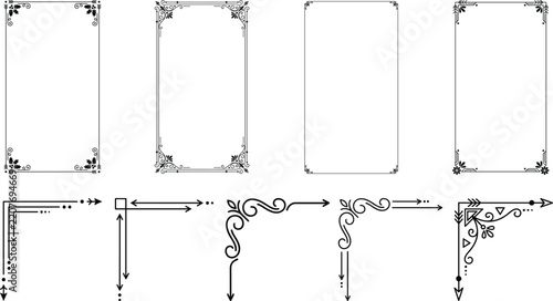 Decorative black line border frames and corner design elements for stationery.