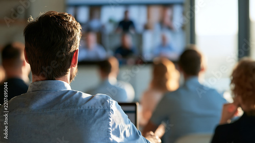 People attending a business hybrid conference in office, integrating in person and online participants on large screen