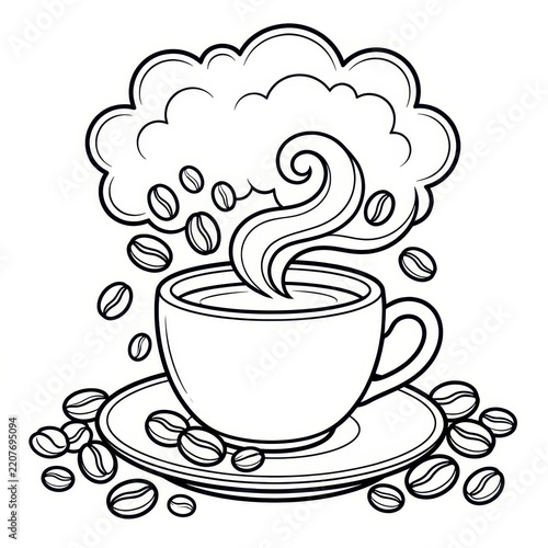 Coffee cup and beans outline coloring page
