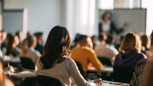 Diverse group of business people attending a seminar or training session with a woman presenting