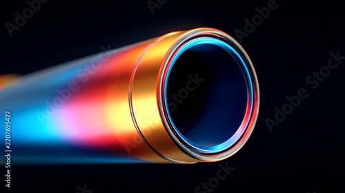 Colorful view through a telescope showing the lens with lighting effects in a dark setting