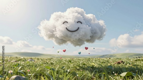A whimsical happy cloud floats over a lush green field, spreading love with heart shapes. This cheerful scene evokes feelings of joy and serenity in nature.