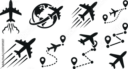 Airplane icon set, black flight route vector symbols, aviation travel and movement graphics for navigation