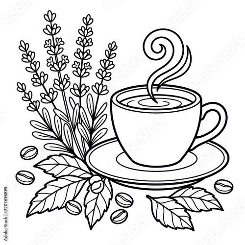 Coffee cup and lavender coloring page vector illustration