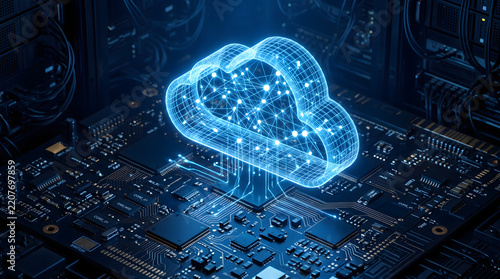 Glowing blue 3D wireframe cloud computing graphic connected to a central processor chip on a computer motherboard inside a dark server room environment featuring electronic components and cables