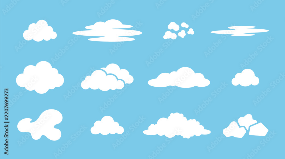 Fototapeta premium Various cloud shapes floating against a light blue sky background