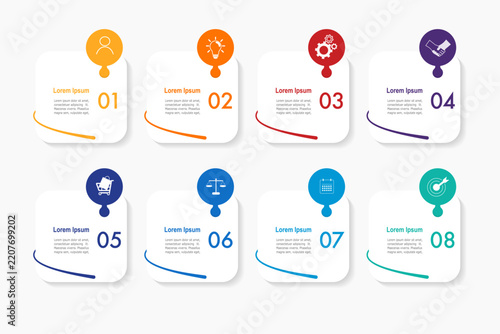 infographic elements template, business concept with 8 steps, rectangle shapes design with multi  color label for workflow layout, diagram, annual report, vector