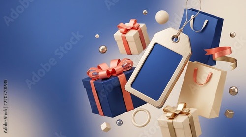 Black Friday sale tag with floating gift boxes and shopping bags