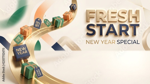 New Year promotional banner with gift boxes and discount sale tags