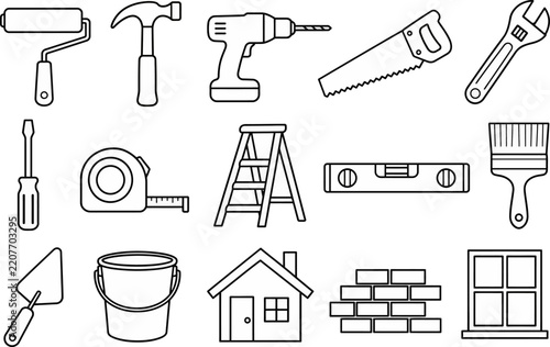 Construction tools line icons set represents home repair and renovation equipment.