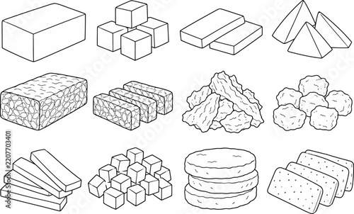 Tempeh and tofu vector line icons set features various shapes and portions on a white background.