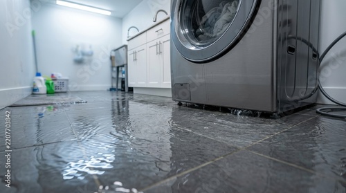 Flooded Laundry Room Floor Caused by Leaking Washing Machine Appliance Failure Requiring Immediate Plumbing Repair Service and Professional Water