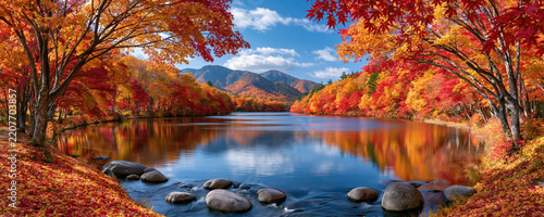 Autumn forest lake mountain landscape with colorful foliage and calm water creates scenic nature view beneath blue sky