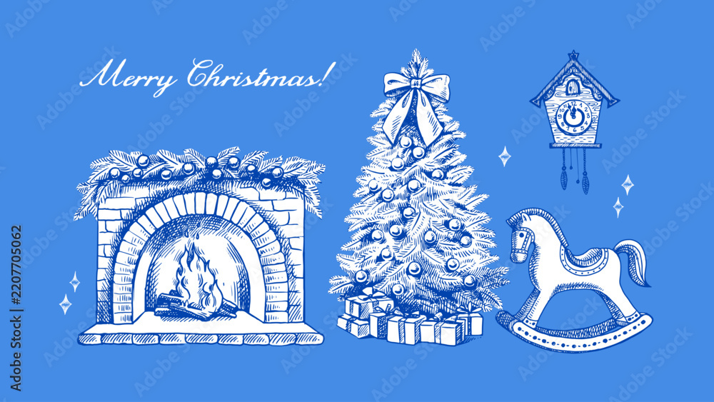 Obraz premium Christmas greeting card with hand drawn holiday elements. Elegant vintage design. Vector sketch illustration. Cristmas tree, fireplace, wooden rocking horse, cuckoo clock.