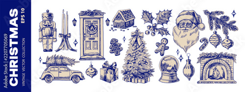 Christmas bundle with hand drawn holiday stickers. Festive mood, elegant vintage design. Vector sketch illustration. Cristmas tree, mittens, Santa, candles, decorated door, fireplace, gift.