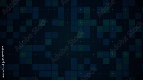 Abstract digital grid pattern with glowing teal squares and dots on dark blue background, data flow, network connection, technology theme