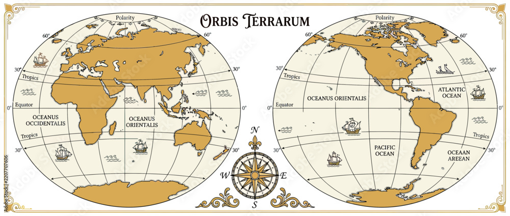 Obraz premium Vintage World Map Illustration with Sailing Ships and Compass