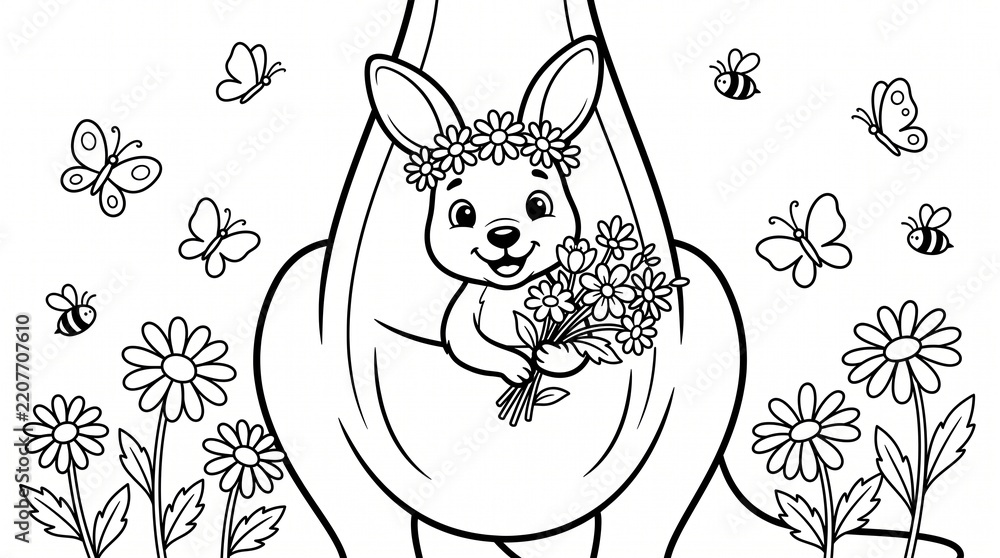 Fototapeta premium Cute Cartoon Baby Kangaroo Joey in Pouch with Wildflowers Kids Coloring Page