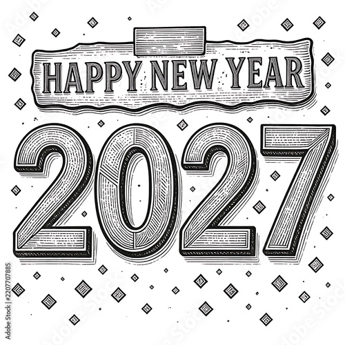 Happy New Year 2027 celebration graphic with confetti sparkles