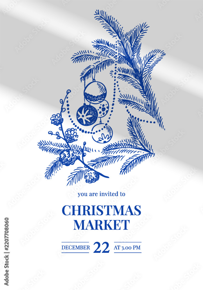 Obraz premium Christmas banner with hand drawn holiday ornaments. Festive mood, greeting card design. New year background. Vector sketch isolated illustration.