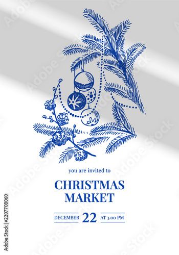 Christmas banner with hand drawn holiday ornaments. Festive mood, greeting card design. New year background. Vector sketch isolated illustration.