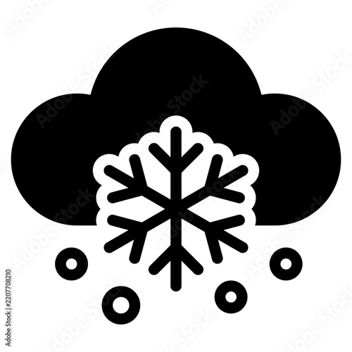Flat style vector illustration of a cloud with a snowflake in the center and snow dots, suitable for winter, weather, or seasonal design projects.