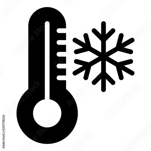 Flat style vector illustration of a thermometer and snowflake symbolizing cold weather and winter conditions, suitable for weather reports, seasonal design, or climate topics.