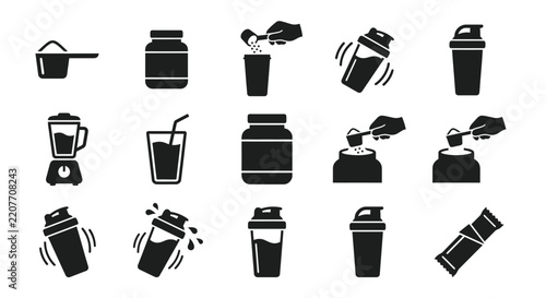 Collection of black silhouette icons depicting protein shake preparation and consumption